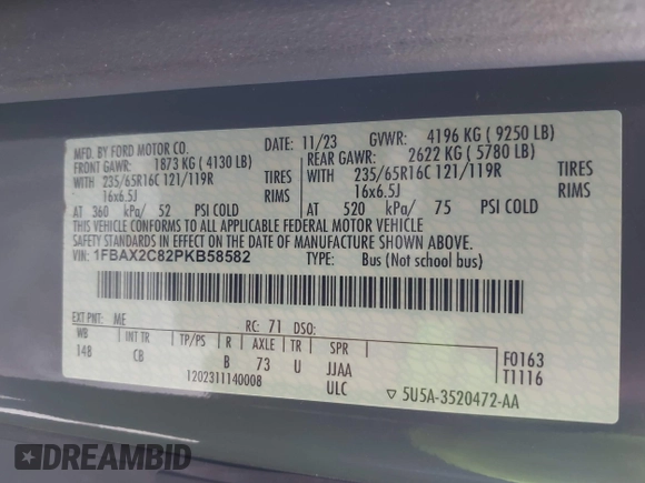 2023 Ford Transit Passenger XL with VIN 1FBAX2C82PKB58582, listed as a IAAI auction lot 41898895 with 16,416 mi miles and . Bid and sale history available at DreamBid. Image 9.