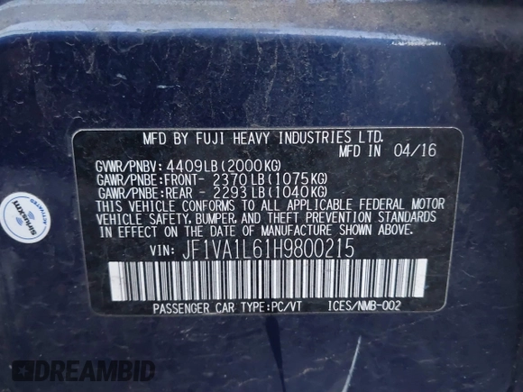 2017 Subaru WRX Limited with VIN JF1VA1L61H9800215, listed as a IAAI auction lot 40802029 with 83,099 mi miles. Bid and sale history available at carsss.com. Image 9.