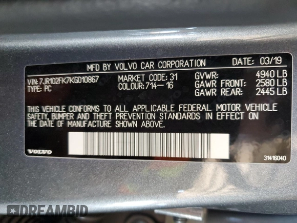 2019 Volvo S60 Momentum with VIN 7JR102FK7KG010867, listed as a Copart auction lot 43831445 with 70,089 mi miles and Salvage Title. Bid and sale history available at carsss.com. Image 14.