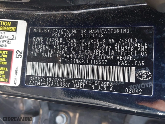 2018 Toyota Camry LE with VIN 4T1B11HK9JU115557, listed as a IAAI auction lot 42087452 with 185,752 mi miles. Bid and sale history available at carsss.com. Image 9.