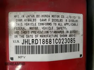 2001 Honda CR-V EX with VIN JHLRD18681C023085, listed as a Copart auction lot 72247694 with 212,620 mi miles and Salvage Title. Bid and sale history available at carsss.com. Image 13.