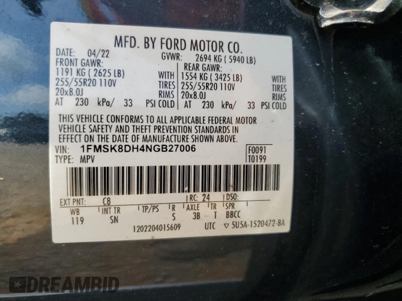 2022 Ford Explorer XLT with VIN 1FMSK8DH4NGB27006, listed as a Copart auction lot 58075055 with 109,500 mi miles and Salvage title. Bid and sale history available at DreamBid. Image 13.