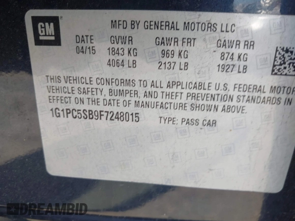 2015 Chevrolet Cruze LT with VIN 1G1PC5SB9F7248015, listed as a IAAI auction lot 42168471 with 76,544 mi miles and . Bid and sale history available at DreamBid. Image 9.