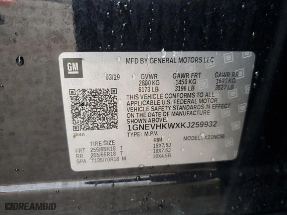 2019 Chevrolet Traverse LT Leather with VIN 1GNEVHKWXKJ259932, listed as a Copart auction lot 85716214 with 90,605 mi miles and Non Repairable. Bid and sale history available at carsss.com. Image 16.
