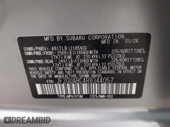 2024 Subaru Crosstrek with VIN JF2GUABC4R8344057, listed as a IAAI auction lot 42059950 with 20,013 mi miles and . Bid and sale history available at DreamBid. Image 9.
