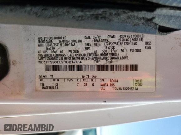 2012 Ford Econoline Cargo Super Duty Commercial with VIN 1FTSS3EL9CDB12784, listed as a Copart auction lot 57256595 with 369,541 mi miles and Salvage title. Bid and sale history available at DreamBid. Image 13.