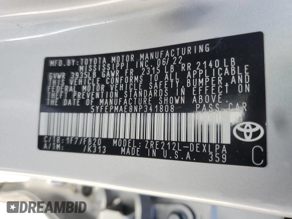 2022 Toyota Corolla LE with VIN 5YFEPMAE8NP341808, listed as a Copart auction lot 50384755 with 49,032 mi miles and Salvage Title. Bid and sale history available at carsss.com. Image 13.