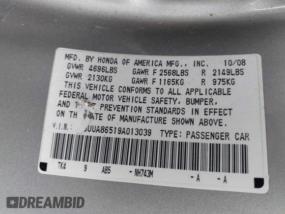 2009 Acura TL Tech with VIN 19UUA86519A013039, listed as a IAAI auction lot 41656570 with 241,217 mi miles. Bid and sale history available at carsss.com. Image 9.