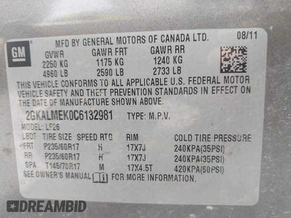 2012 GMC Terrain SLE-1 with VIN 2GKALMEK0C6132981, listed as a IAAI auction lot 42289501 with 145,790 mi miles and . Bid and sale history available at DreamBid. Image 9.