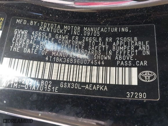 2006 Toyota Avalon XL with VIN 4T1BK36B96U074544, listed as a IAAI auction lot 41638746 with 1 mi miles. Bid and sale history available at carsss.com. Image 9.