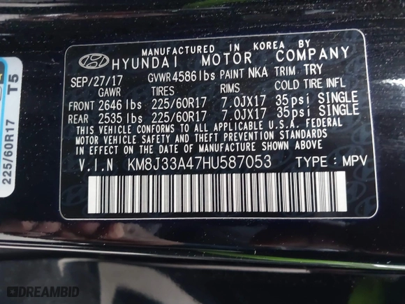 2017 Hyundai Tucson SE Plus with VIN KM8J33A47HU587053, listed as a IAAI auction lot 41516450 with 1 mi miles. Bid and sale history available at carsss.com. Image 9.