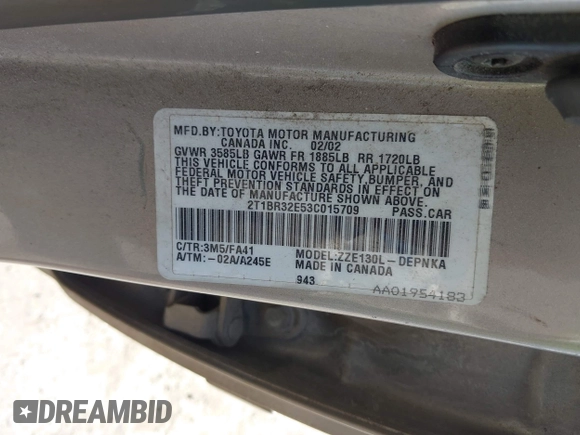 2003 Toyota Corolla CE with VIN 2T1BR32E53C015709, listed as a IAAI auction lot 42057744 with 120,022 mi miles and . Bid and sale history available at DreamBid. Image 9.