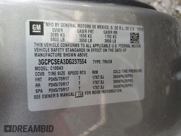 2013 Chevrolet Silverado 1500 LT with VIN 3GCPCSEA3DG237554, listed as a Copart auction lot 66333064 with 69,023 mi miles and Salvage Title. Bid and sale history available at DreamBid. Image 14.