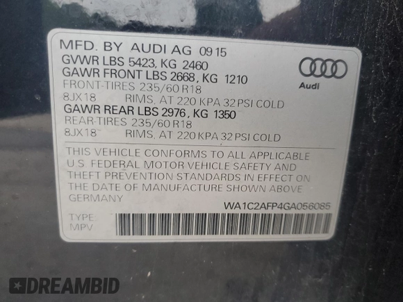 2016 Audi Q5 Premium with VIN WA1C2AFP4GA056085, listed as a Copart auction lot 57154305 with 125,205 mi miles and Salvage title. Bid and sale history available at DreamBid. Image 13.