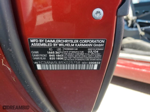 2005 Chrysler Crossfire Limited with VIN 1C3AN65L85X025758, listed as a Copart auction lot 75769904 with 0 mi miles and Non Repairable. Bid and sale history available at carsss.com. Image 13.