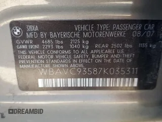 2007 BMW 3 Series 328xi with VIN WBAVC93587K035311, listed as a Copart auction lot 47482755 with 181,254 mi miles and Salvage Title. Bid and sale history available at carsss.com. Image 13.