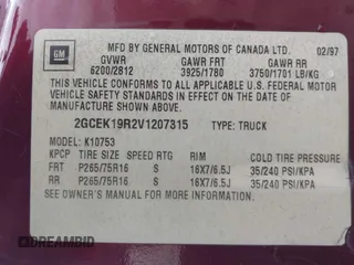 1997 Chevrolet Silverado 1500 with VIN 2GCEK19R2V1207315, listed as a IAAI auction lot 42058123 with 177,203 mi miles and . Bid and sale history available at DreamBid. Image 9.