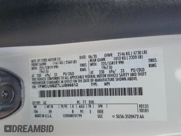 2020 Ford Escape SE Sport Hybrid with VIN 1FMCU9BZ7LUB96612, listed as a Copart auction lot 47484255 with 50,099 mi miles and Salvage Title. Bid and sale history available at DreamBid. Image 14.