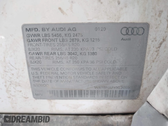 2020 Audi Q5 Premium Plus with VIN WA1BNAFYXL2059038, listed as a IAAI auction lot 42397030 with 103,983 mi miles and . Bid and sale history available at DreamBid. Image 9.