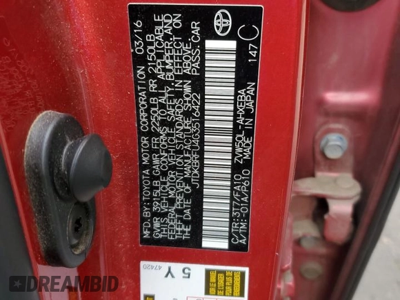2016 Toyota Prius Two with VIN JTDKBRFU4G3516422, listed as a Copart auction lot 54629045 with 79,228 mi miles and Salvage Title. Bid and sale history available at DreamBid. Image 12.