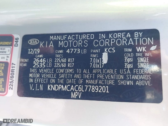 2020 Kia Sportage LX with VIN KNDPMCAC6L7789201, listed as a IAAI auction lot 41320446 with 55,041 mi miles. Bid and sale history available at carsss.com. Image 9.