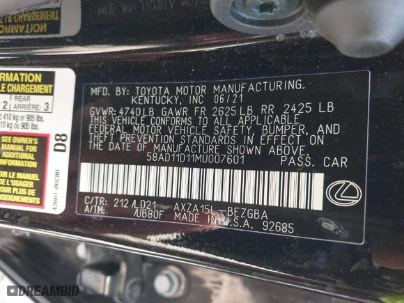 2021 Lexus ES with VIN 58AD11D11MU007601, listed as a IAAI auction lot 41834548 with 40,919 mi miles. Bid and sale history available at carsss.com. Image 9.