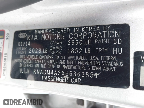 2014 Kia Rio LX with VIN KNADM4A3XE6363851, listed as a IAAI auction lot 42111189 with 144,122 mi miles and . Bid and sale history available at DreamBid. Image 9.