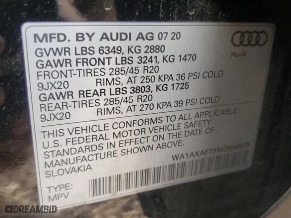 2021 Audi Q7 Premium with VIN WA1AXAF75MD000515, listed as a Copart auction lot 82202794 with 109,224 mi miles and Salvage Title. Bid and sale history available at carsss.com. Image 13.