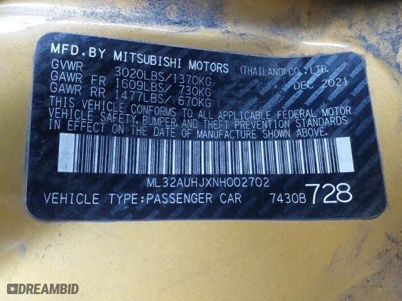 2022 Mitsubishi Mirage ES with VIN ML32AUHJXNH002702, listed as a IAAI auction lot 41007770 with 87882 miles. Bid and sale history available at carsss.com. Image 9.