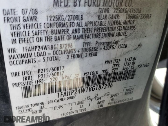 2008 Ford Taurus SEL with VIN 1FAHP24W18G187296, listed as a Copart auction lot 47981304 with 211,077 mi miles and Salvage Title. Bid and sale history available at carsss.com. Image 13.