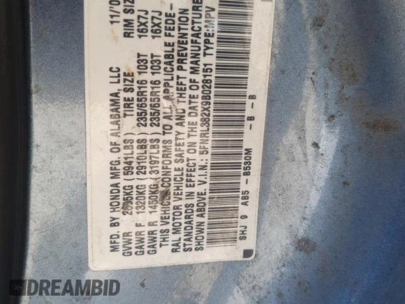 2009 Honda Odyssey LX z VIN 5FNRL382X9B028151, wystawiony jako Copart lot #54528305 z przebiegiem Nie podano mil oraz Czysty tytuł • Clean title. Historia ofert i sprzedaży dostępna na DreamBid. Obrazek 13.