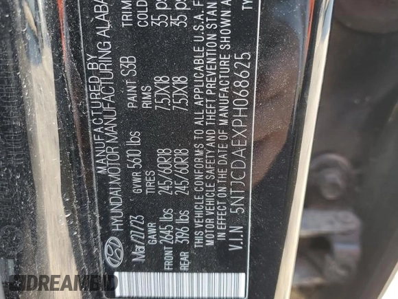 2023 Hyundai Santa Cruz SEL with VIN 5NTJCDAEXPH068625, listed as a Copart auction lot 87072684 with 44,210 mi miles and Salvage title. Bid and sale history available at DreamBid. Image 14.
