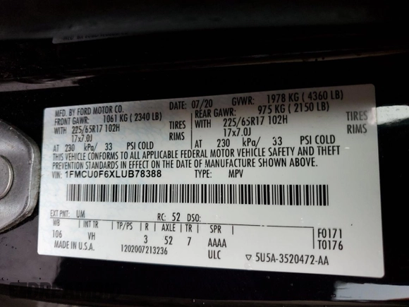 2020 Ford Escape S z VIN 1FMCU0F6XLUB78388, wystawiony jako Copart lot #56103685 z przebiegiem 71 508 mil mil oraz Szkoda całkowita • Salvage title. Historia ofert i sprzedaży dostępna na DreamBid. Obrazek 14.