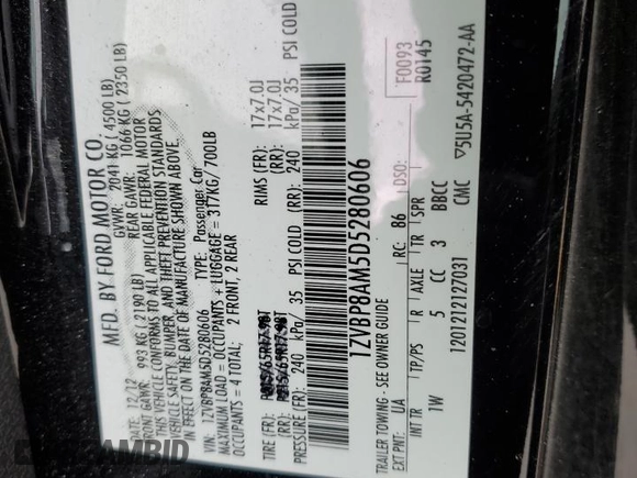 2013 Ford Mustang V6 with VIN 1ZVBP8AM5D5280606, listed as a Copart auction lot 47976695 with Not Provided miles and Salvage Title. Bid and sale history available at carsss.com. Image 15.