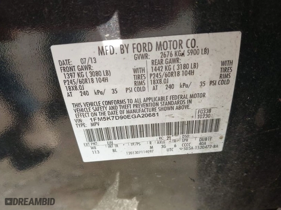 2014 Ford Explorer XLT with VIN 1FM5K7D90EGA20681, listed as a IAAI auction lot 41751453 with 193,709 mi miles. Bid and sale history available at carsss.com. Image 9.