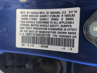 2019 Honda Civic Sedan EX with VIN 19XFC1F3XKE201729, listed as a Copart auction lot 50919485 with 63,530 mi miles and Salvage Title. Bid and sale history available at carsss.com. Image 12.