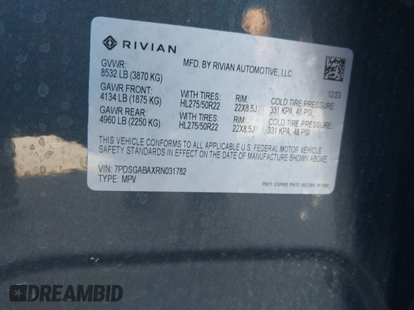 2024 Rivian R1S Adventure with VIN 7PDSGABAXRN031782, listed as a IAAI auction lot 41682181 with 1 mi miles. Bid and sale history available at carsss.com. Image 9.