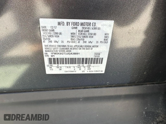 2018 Ford Explorer Sport с VIN 1FM5K8GT3JGA38891, выставлен на аукционе Copart как лот 59741985 с пробегом 119 724 миль миль и Чистый • Clean title. История ставок и продаж доступна на DreamBid. Изображение 10.