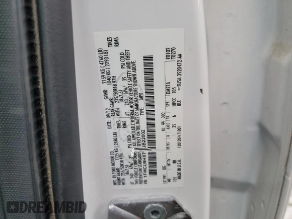 2013 Ford Escape SEL with VIN 1FMCU9HX7DUB22002, listed as a Copart auction lot 60121255 with 157,353 mi miles and Salvage title. Bid and sale history available at DreamBid. Image 13.