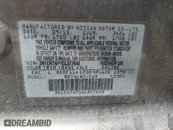 2016 Nissan Versa SV with VIN 3N1CN7AP1GL827640, listed as a Copart auction lot 61102095 with 148,654 mi miles and Salvage title. Bid and sale history available at DreamBid. Image 12.