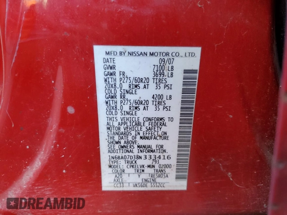 2008 Nissan Titan SE with VIN 1N6BA07D38N333416, listed as a Copart auction lot 81398794 with Not Provided miles and Clean Title. Bid and sale history available at DreamBid. Image 12.