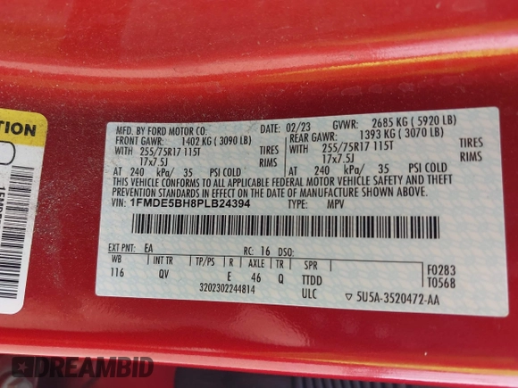 2023 Ford Bronco z VIN 1FMDE5BH8PLB24394, wystawiony jako IAAI lot #42449638 z przebiegiem 96 046 mil mil oraz . Historia ofert i sprzedaży dostępna na DreamBid. Obrazek 9.