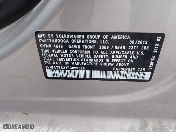 2014 Volkswagen Passat Wolfsburg Ed with VIN 1VWAT7A32EC028320, listed as a IAAI auction lot 41456457 with 173,581 mi miles. Bid and sale history available at carsss.com. Image 9.