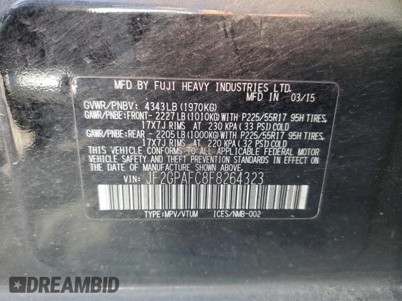 2015 Subaru Crosstrek Premium with VIN JF2GPAFC8F8264323, listed as a Copart auction lot 64222865 with 217,365 mi miles and Clean title. Bid and sale history available at DreamBid. Image 13.