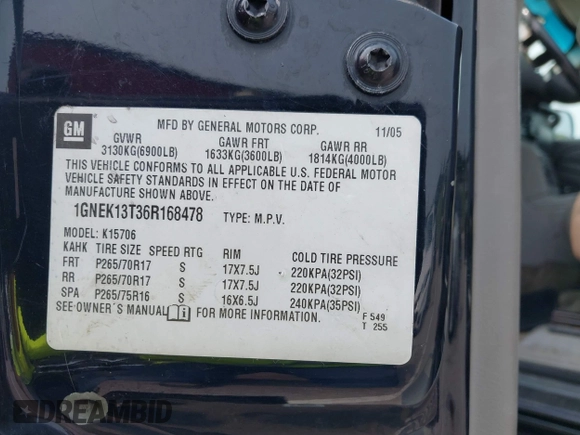 2006 Chevrolet Tahoe Z71 z VIN 1GNEK13T36R168478, wystawiony jako IAAI lot #42409446 z przebiegiem Nie podano mil oraz . Historia ofert i sprzedaży dostępna na DreamBid. Obrazek 9.