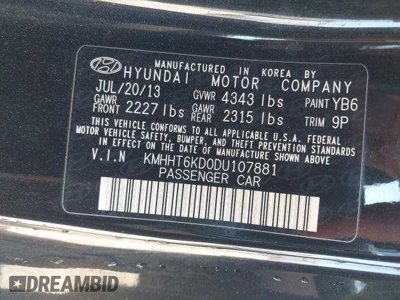2013 Hyundai Genesis Coupe R-Spec with VIN KMHHT6KD0DU107881, listed as a IAAI auction lot 41815614 with 85,623 mi miles and . Bid and sale history available at DreamBid. Image 9.