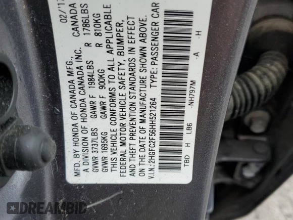 2017 Honda Civic LX z VIN 2HGFC2F56HH521264, wystawiony jako Copart lot #54561605 z przebiegiem 108 099 mil mil oraz Szkoda całkowita • Salvage title. Historia ofert i sprzedaży dostępna na DreamBid. Obrazek 12.