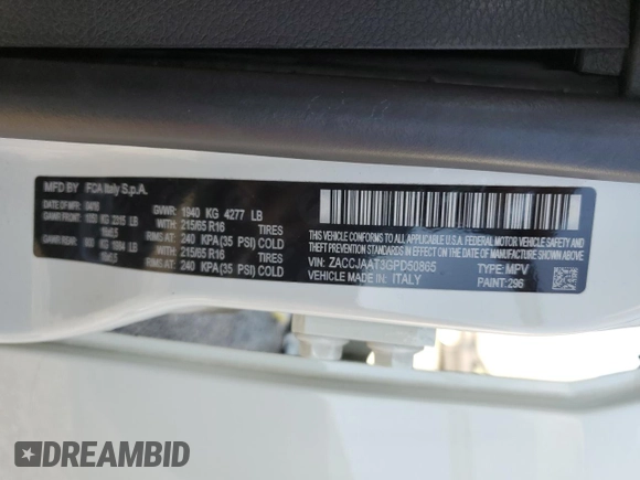 2016 Jeep Renegade Sport with VIN ZACCJAAT3GPD50865, listed as a Copart auction lot 49716695 with 77,712 mi miles and Salvage Title. Bid and sale history available at DreamBid. Image 14.