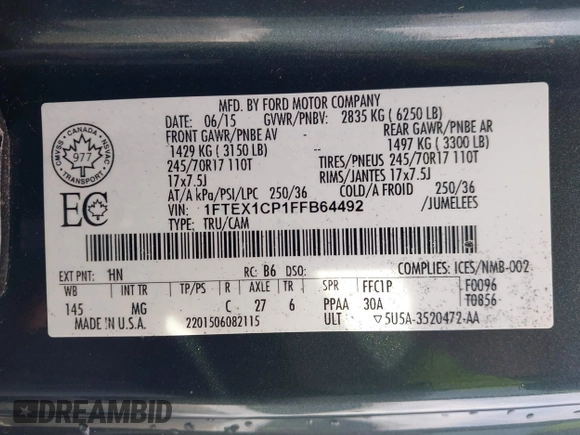 2015 Ford F-150 XL with VIN 1FTEX1CP1FFB64492, listed as a IAAI auction lot 41781913 with 195,516 mi miles. Bid and sale history available at carsss.com. Image 9.