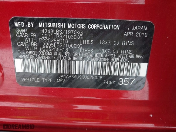 2019 Mitsubishi Outlander Sport ES 2.0 with VIN JA4AR3AU9KU028026, listed as a IAAI auction lot 41346145 with 56,886 mi miles. Bid and sale history available at carsss.com. Image 9.